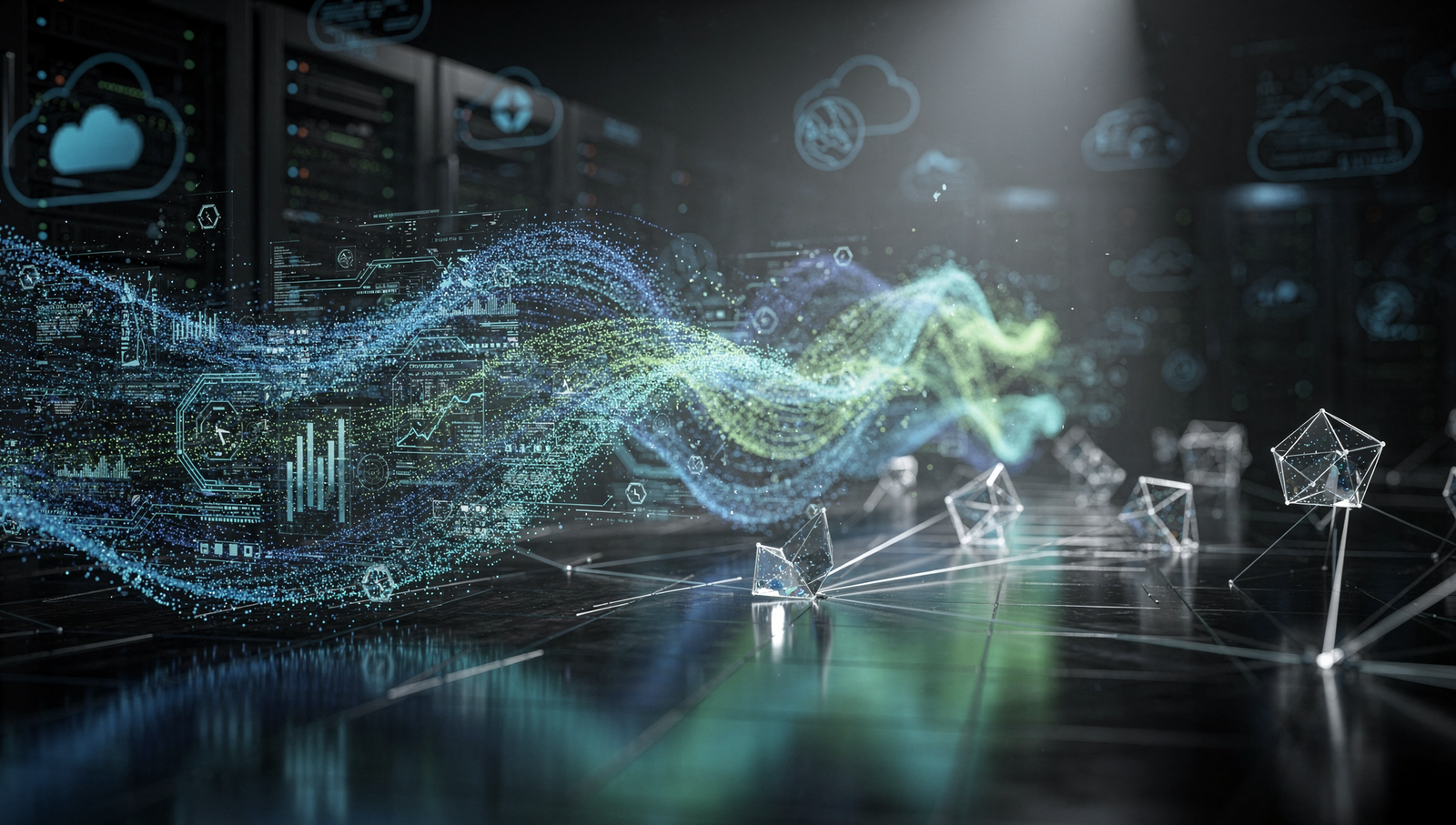 AI data visualization with digital waves and cloud infrastructure