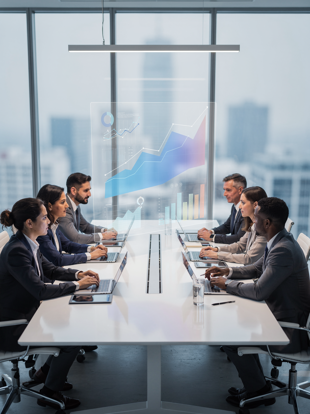 Business team reviewing financial analytics with holographic charts