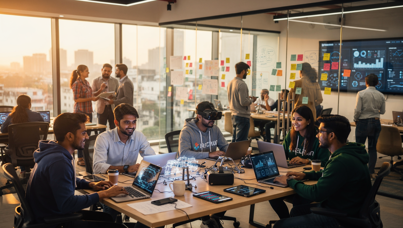 Tech startup team collaborating with VR and analytics