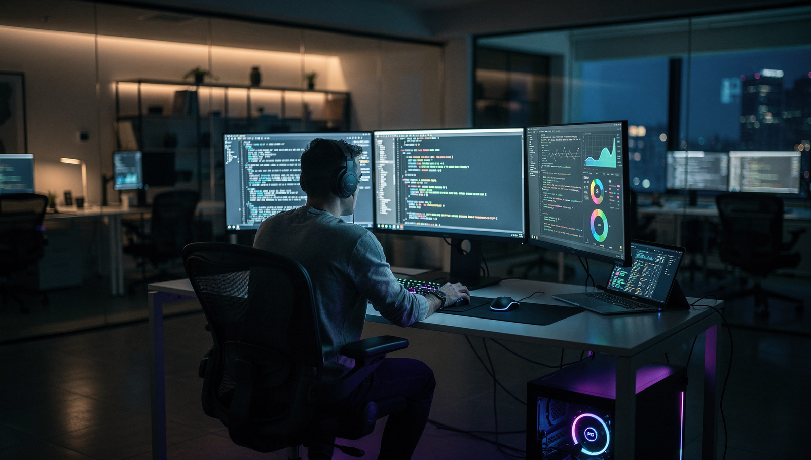 Developer working across multiple screens with code and analytics