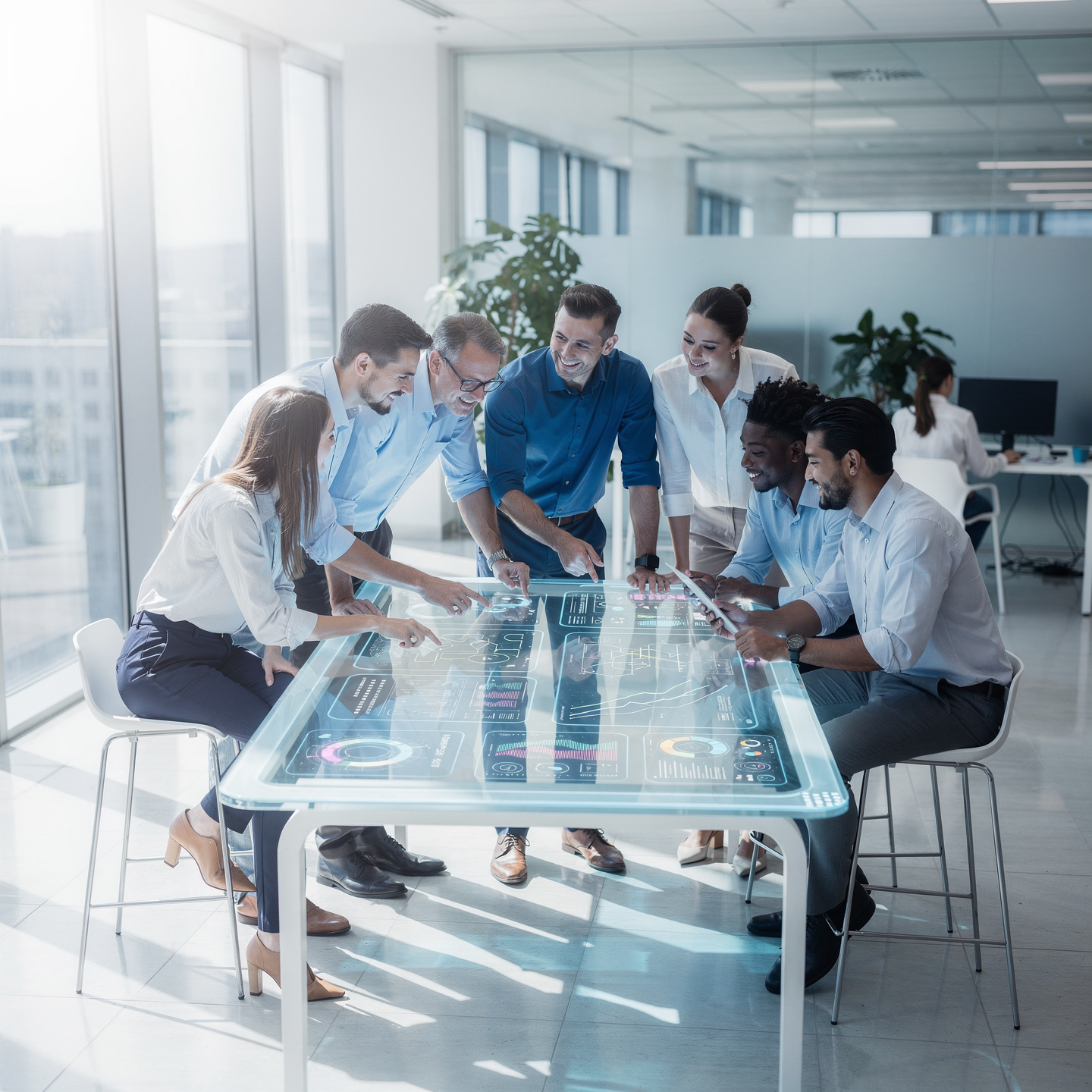 Team collaborating with holographic data for healthcare staffing