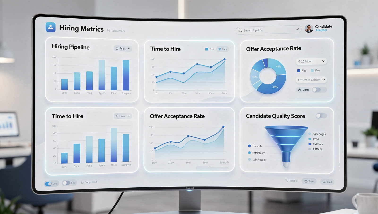 Hiring metrics dashboard showing pipeline, time-to-hire and candidate quality scores